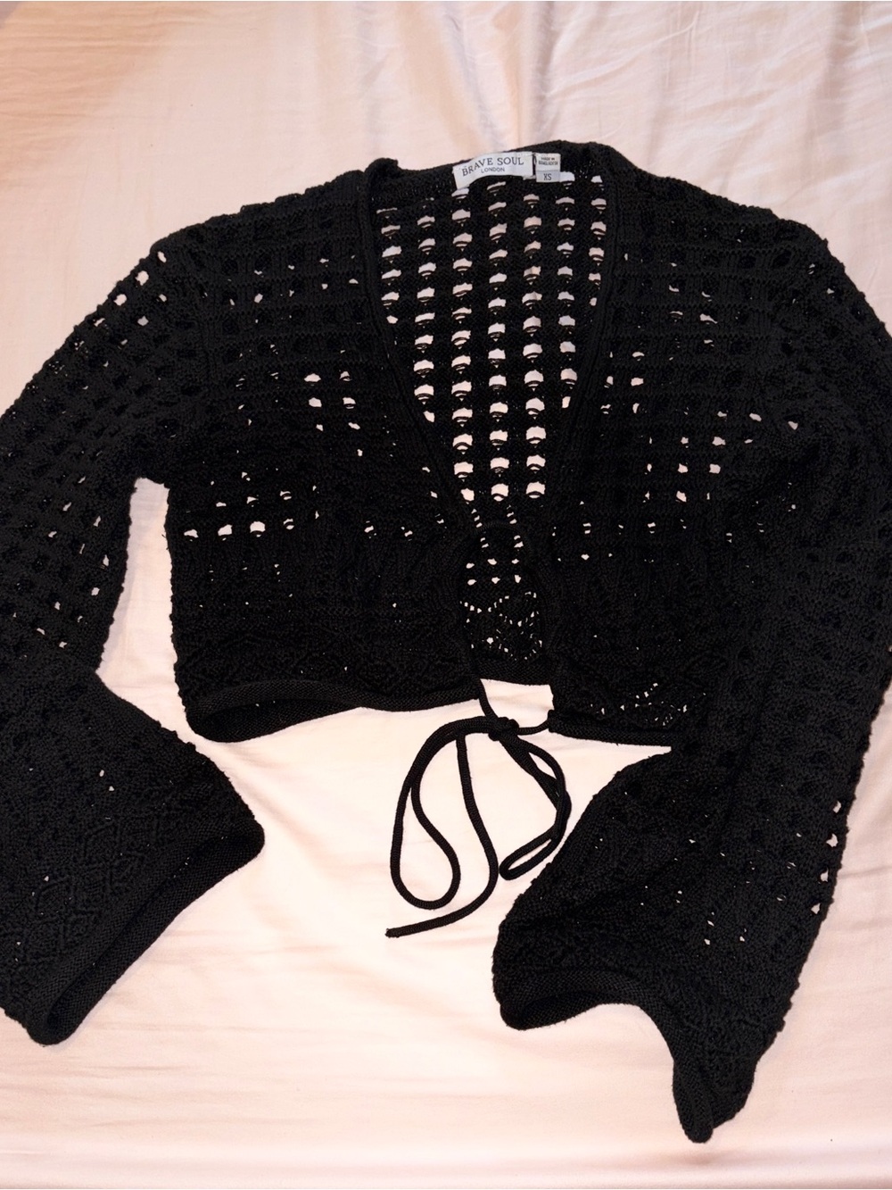 Brave Soul Black Crochet Tie-Front cropped Sweater
